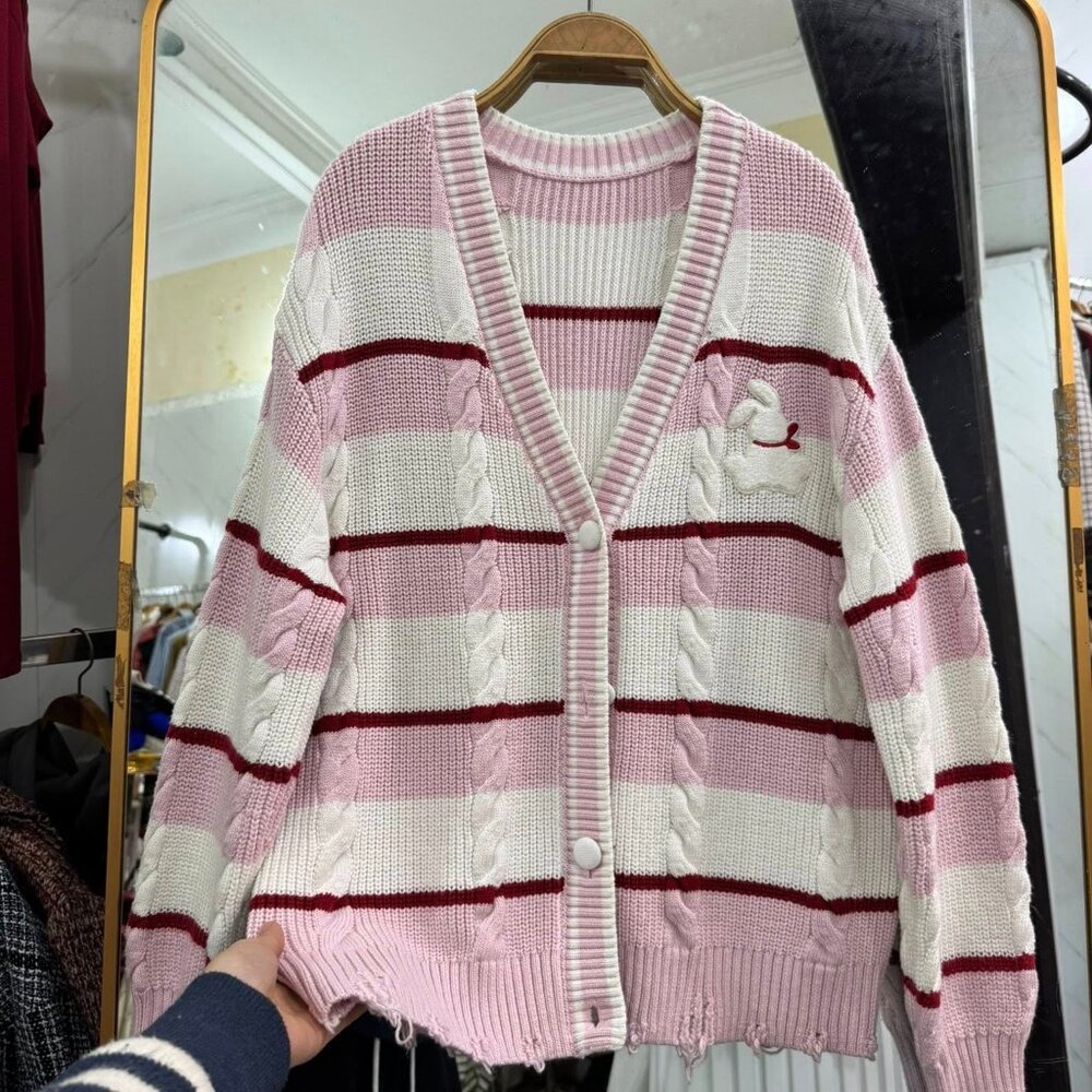 Pink Stripe Cable Knit Cardigan Sweater